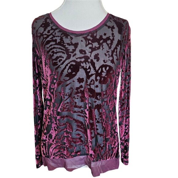 Y2K Burnout Velvet Burgundy Semi Blouse Longsleeve Sz L - Picture 3 of 13